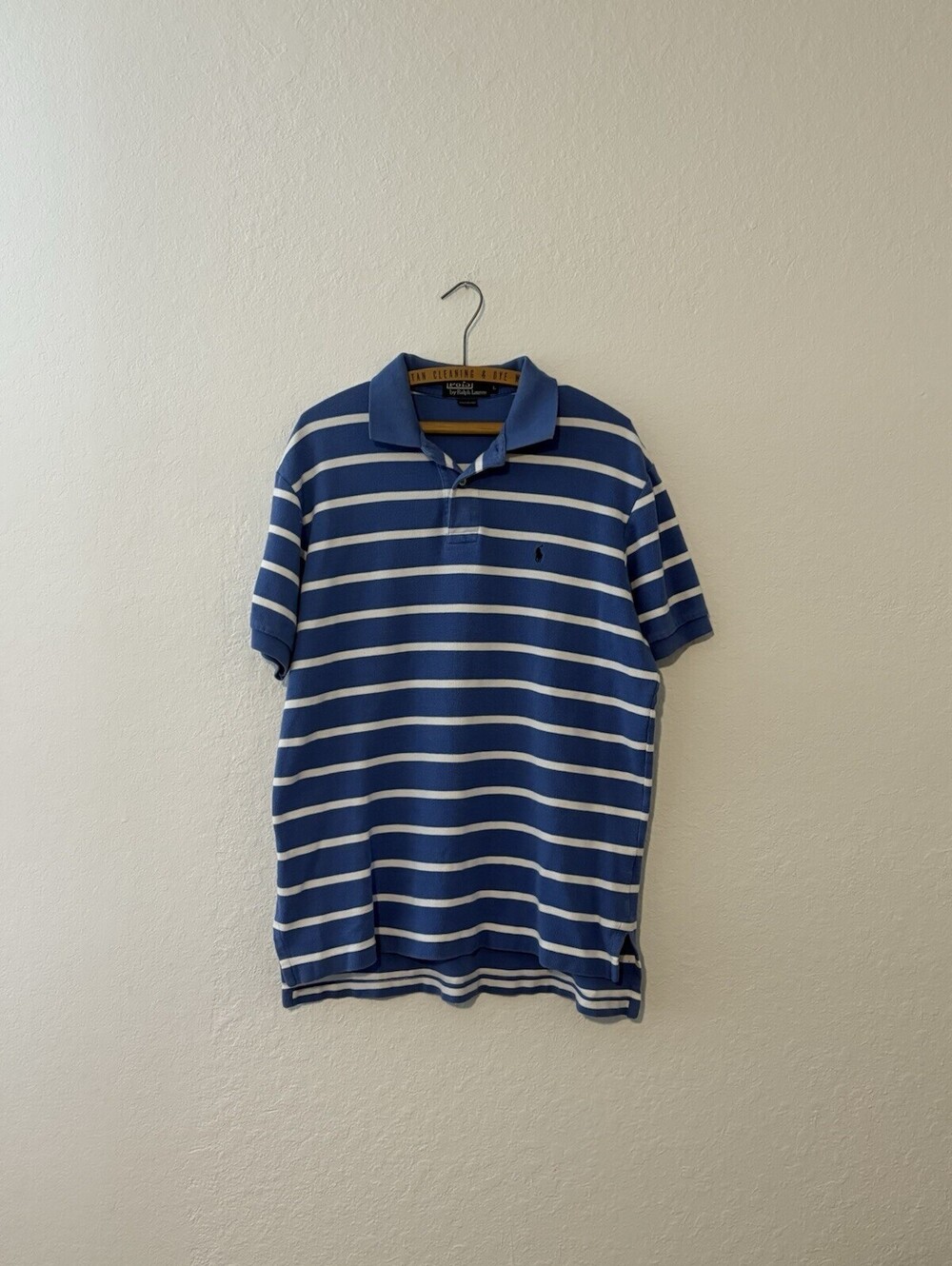 Polo Ralph Lauren Polo Shirt Mens Blue White Striped Knit Short Sleeve Size L